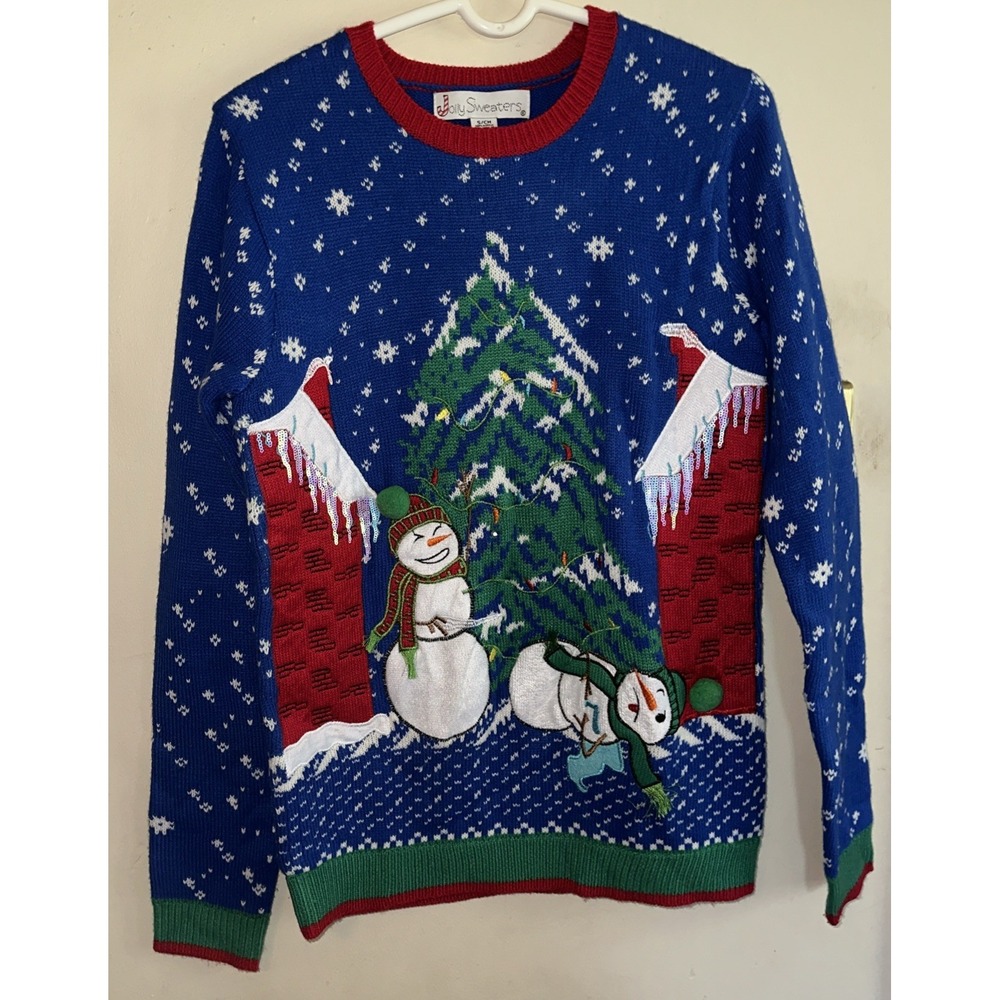 Jolly Sweaters Ugly Christmas Sweater Size Small LIGHTS UP Snowman Blue Tree